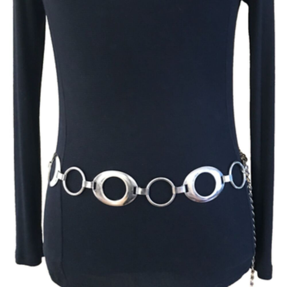 Nine West Chain Belt Silver Womens Medium 33"  VTG Oval O Ring Mod GoGo Metal